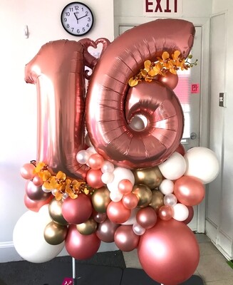INDOORS Organic Sweet 16 birthday number balloon arrangement, 2 digits