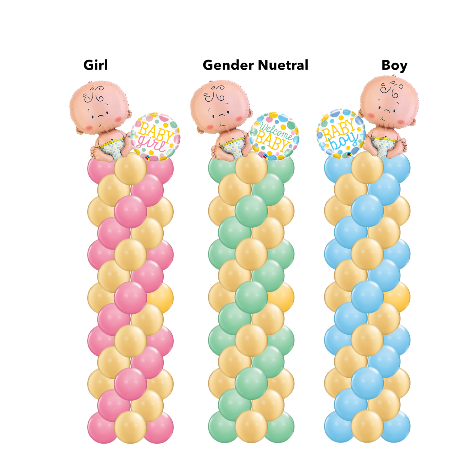A baby shower balloon column, baby boy, or baby girl or welcome baby
