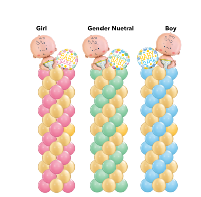 A baby shower balloon column, baby boy, or baby girl or welcome baby