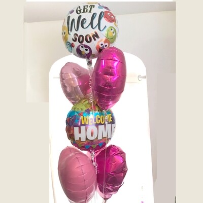 Get well and welcome home balloon bouquet on strings with a weight (indoors)