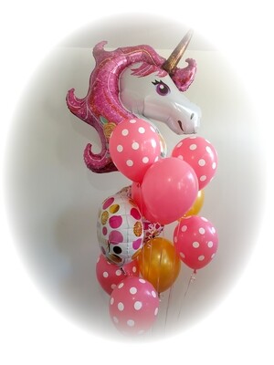 Big tall unicorn helium balloon arrangement (indoors)