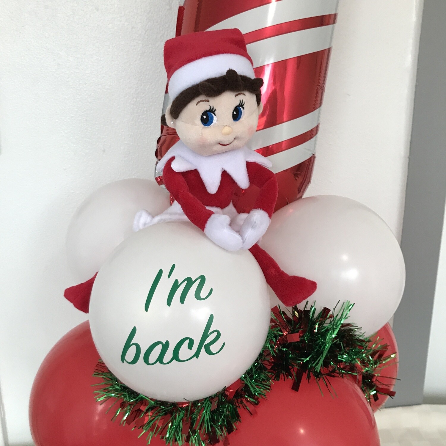Santa's helper (We provide the doll) candy cane balloon decoration