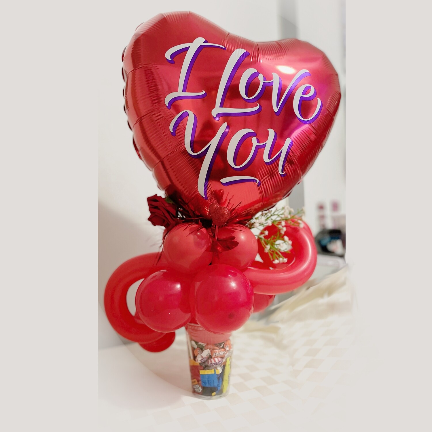 I love you heart balloon on a gift cup