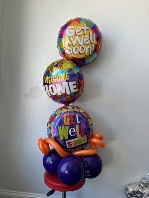 Get well/welcome home balloon foil bouquet, 1 air filled 2 helium filled, with curls & latex base