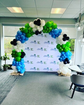 Organic balloon arch, air filled, assembled, color block pattern