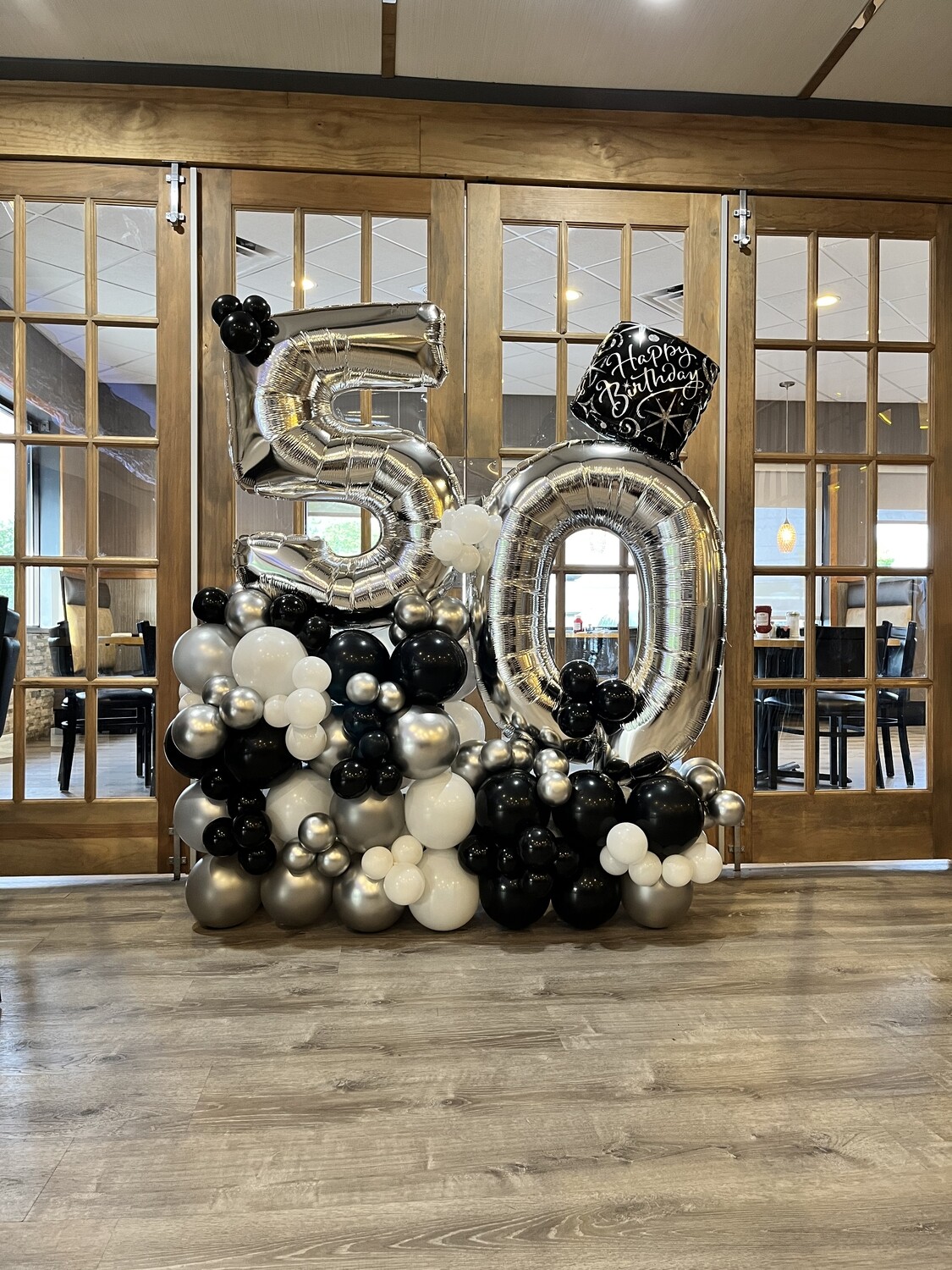 INDOORS Organic Silver swanky Jumbo birthday number balloon arrangement with a birthday foil, 2 digits