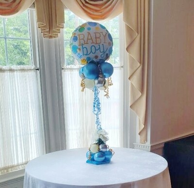 Baby shower Baby Boy balloon table center piece with florals, about 4 feet (indoors)