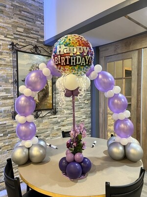 Confetti Foil topper happy birthday balloon table center piece with florals, about 4 feet (indoors)