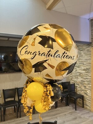 Congratulations foil caps centerpiece for graduation with florals, about 4 feet (indoors)
