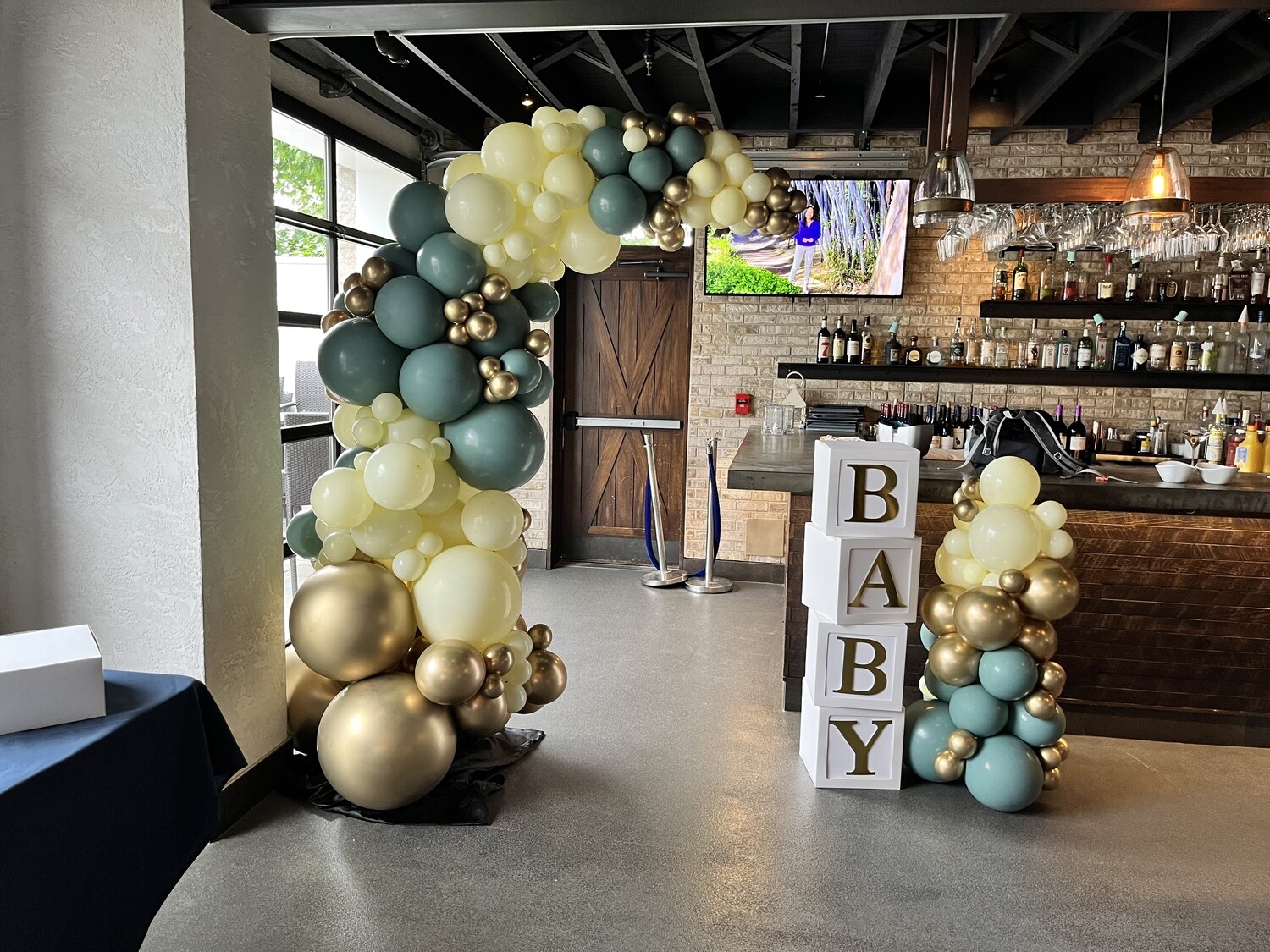 Triple Glam Baby shower balloon demi arch with blocks & petite organic column (indoors only)