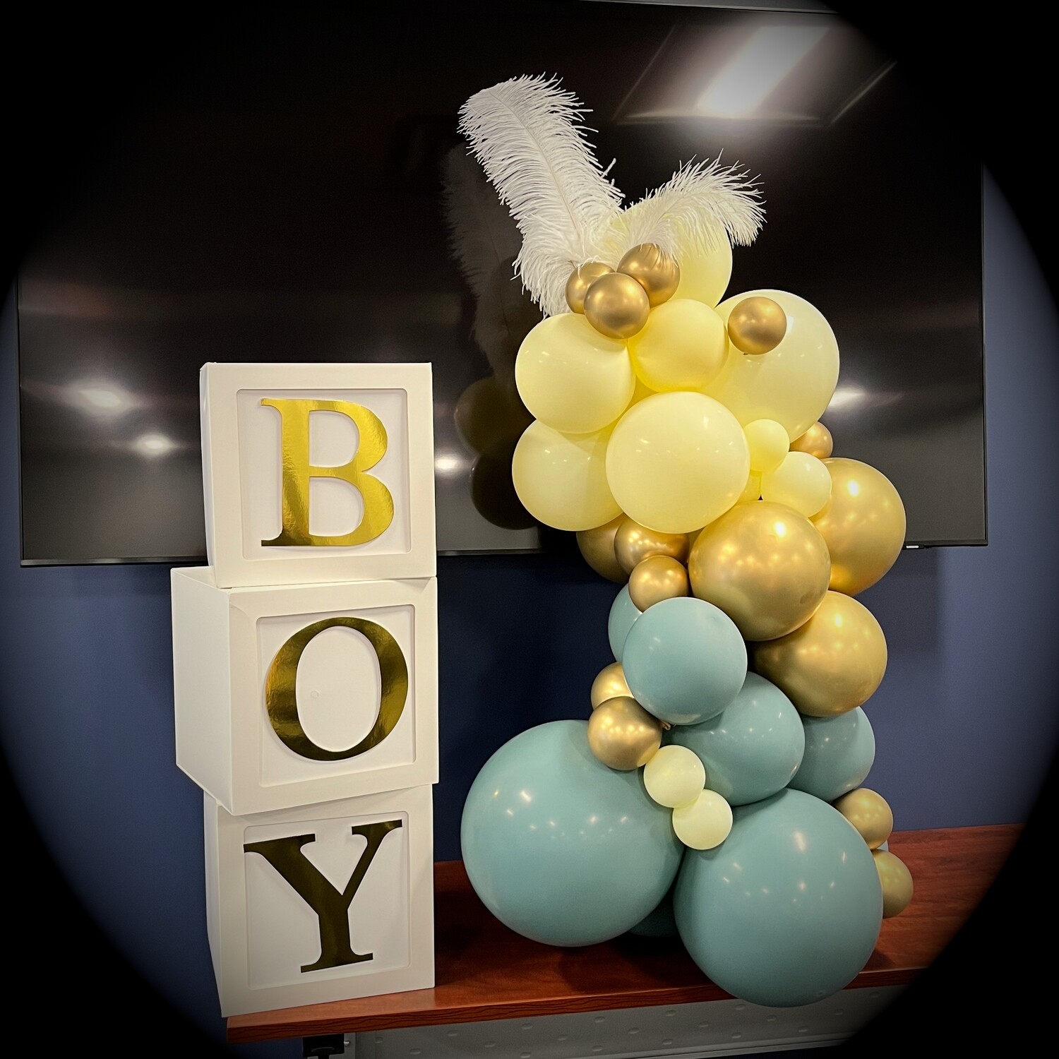 Organic petite indoor column and 4 blocks spelling BOY or GIRL, (with ostrich feathers)
