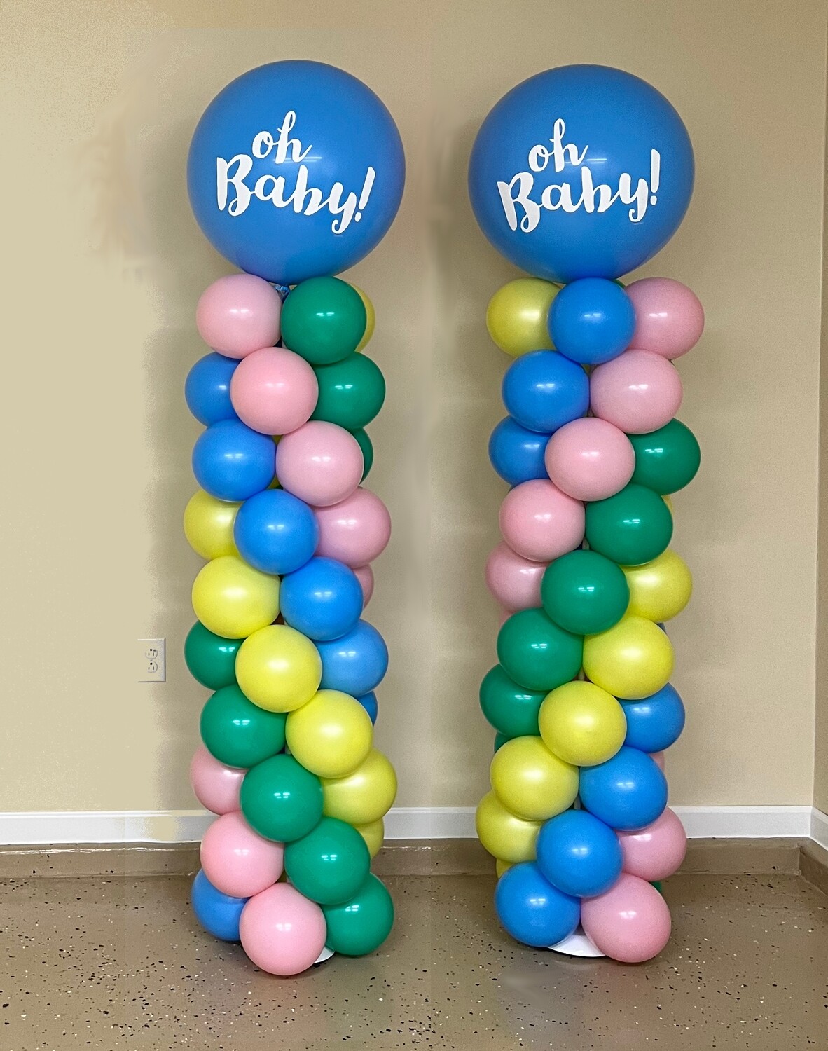 TWO Oh baby balloon columns with blue topper