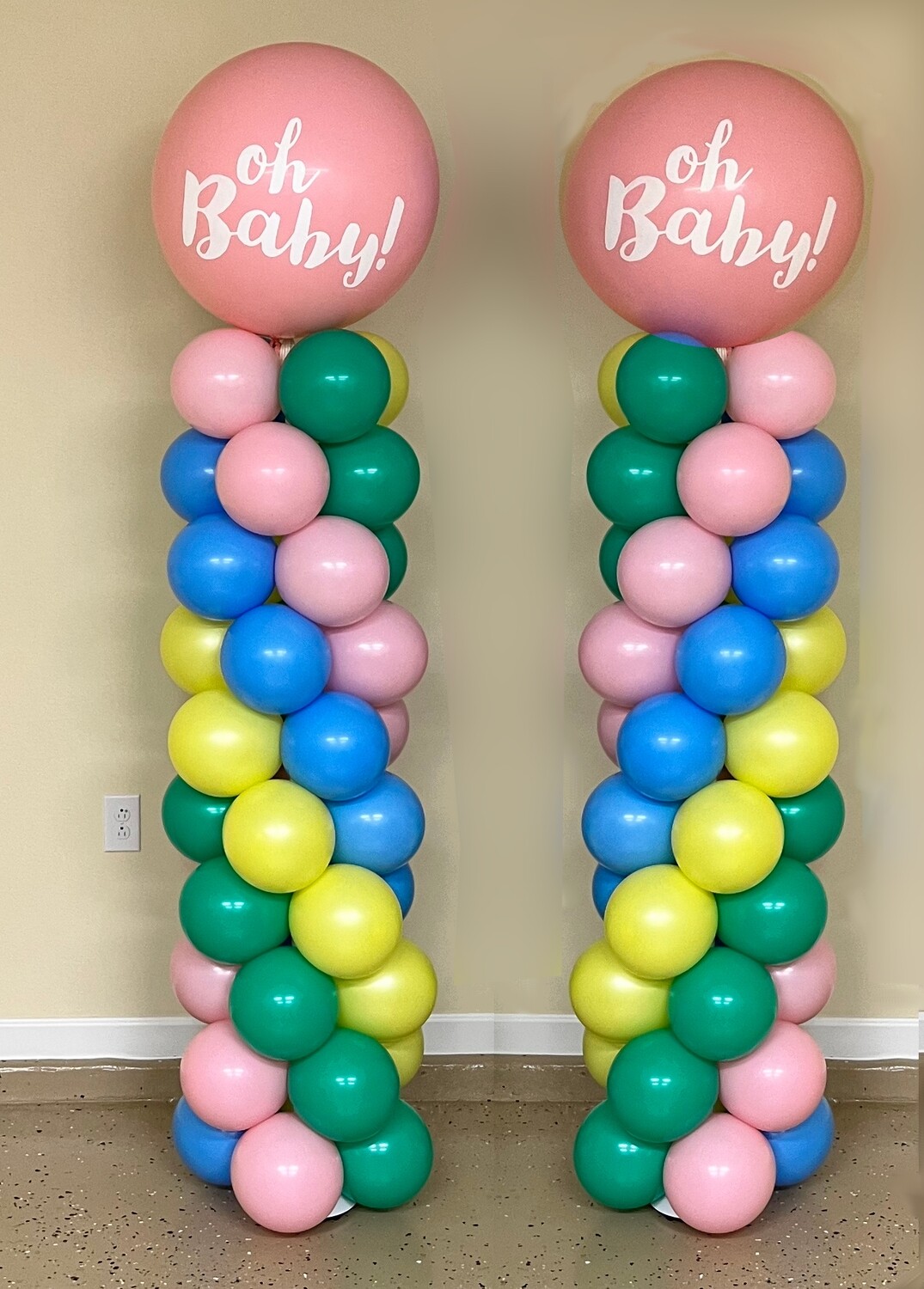 TWO Oh baby balloon columns with pink topper