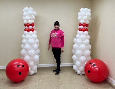 TWO Giant Bowling pins & 2 bowling ball balloon decorations