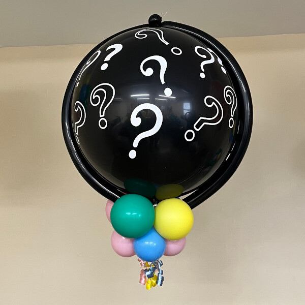 Question mark black gender reveal balloon chandelier