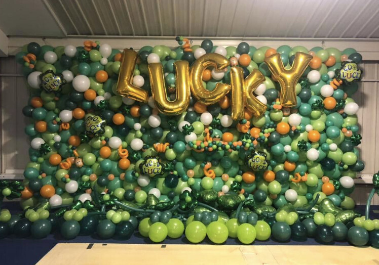 Lucky Saint Patricks Day balloon wall, organic indoors (varying sized bubbles)
