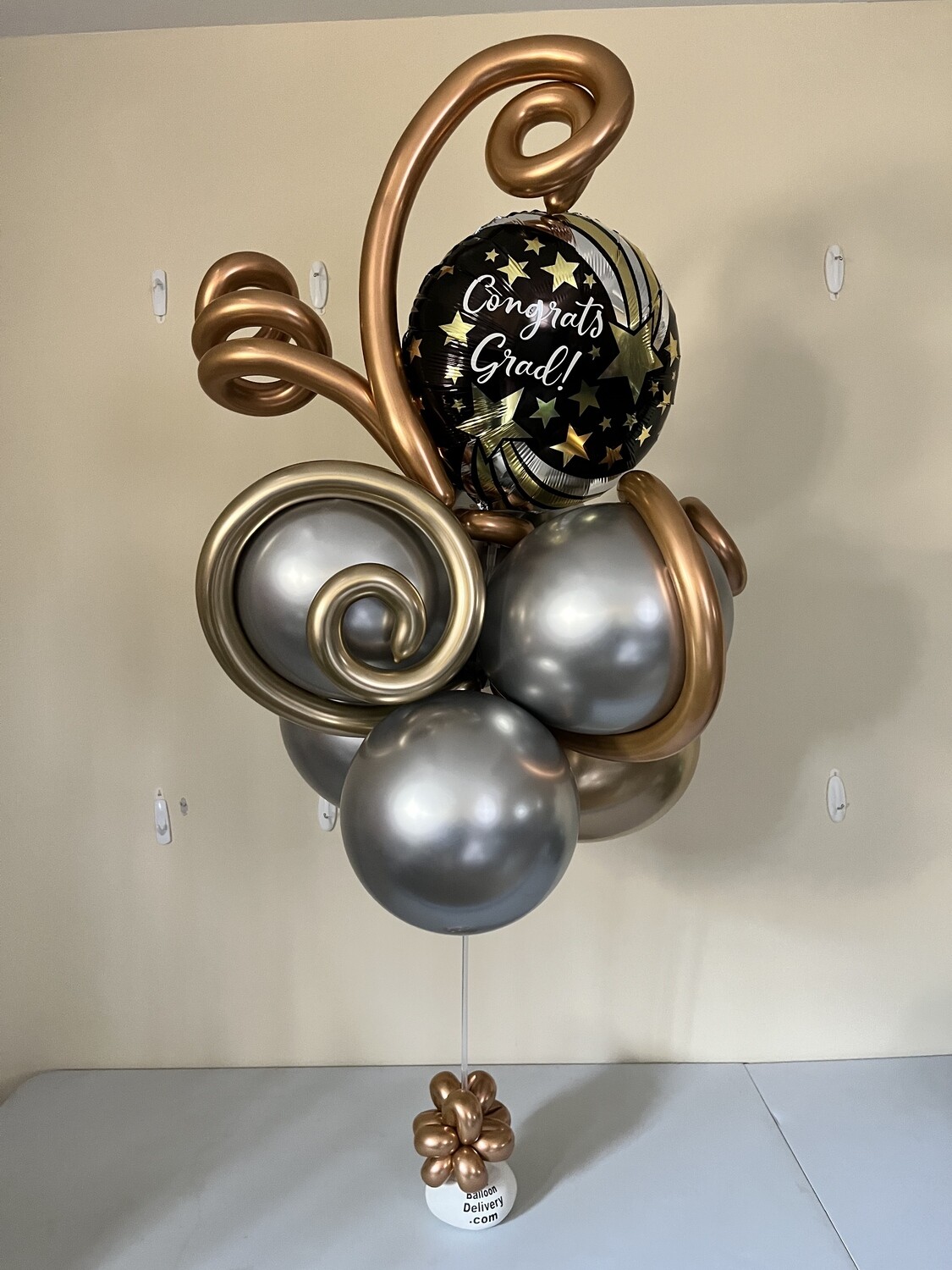 Sophisticated Swirly congrats grad balloon bouquet, metallics & black