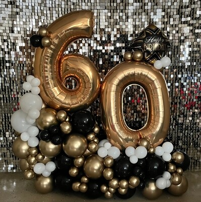 Indoors Organic Gold swanky Jumbo birthday number balloon arrangement, 2 digits, with 18 inch foil