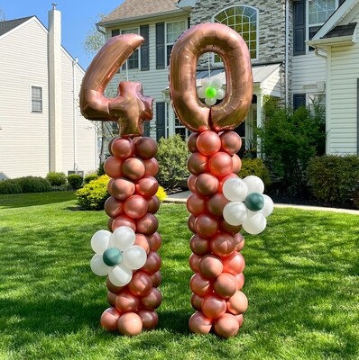 TWO huge balloon columns with giant numbers & balloon flowers (outdoors)