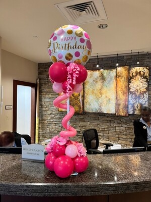 pink and gold dots happy birthday balloon table center piece with florals, about 4 feet (indoors)