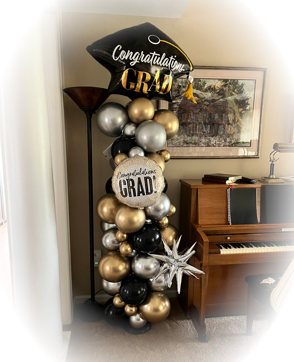 Congratulations grad balloon column, gold, silver &amp; black with star (indoor only)