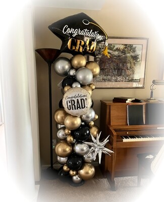 Congratulations grad balloon column, gold, silver & black with star (indoor only)