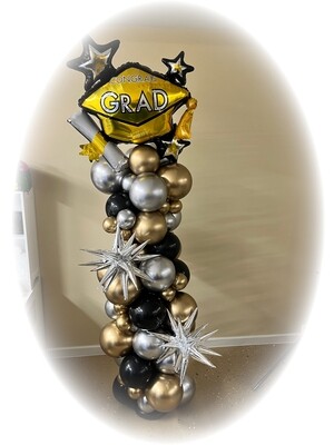 Grad gold cap balloon column, gold, silver &amp; black with 2  stars (indoor only)