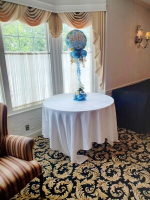 Baby shower Baby Boy balloon table center piece with florals, about 4 feet (indoors)