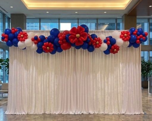 4th of July red white blue balloon backdrop, fully assembled