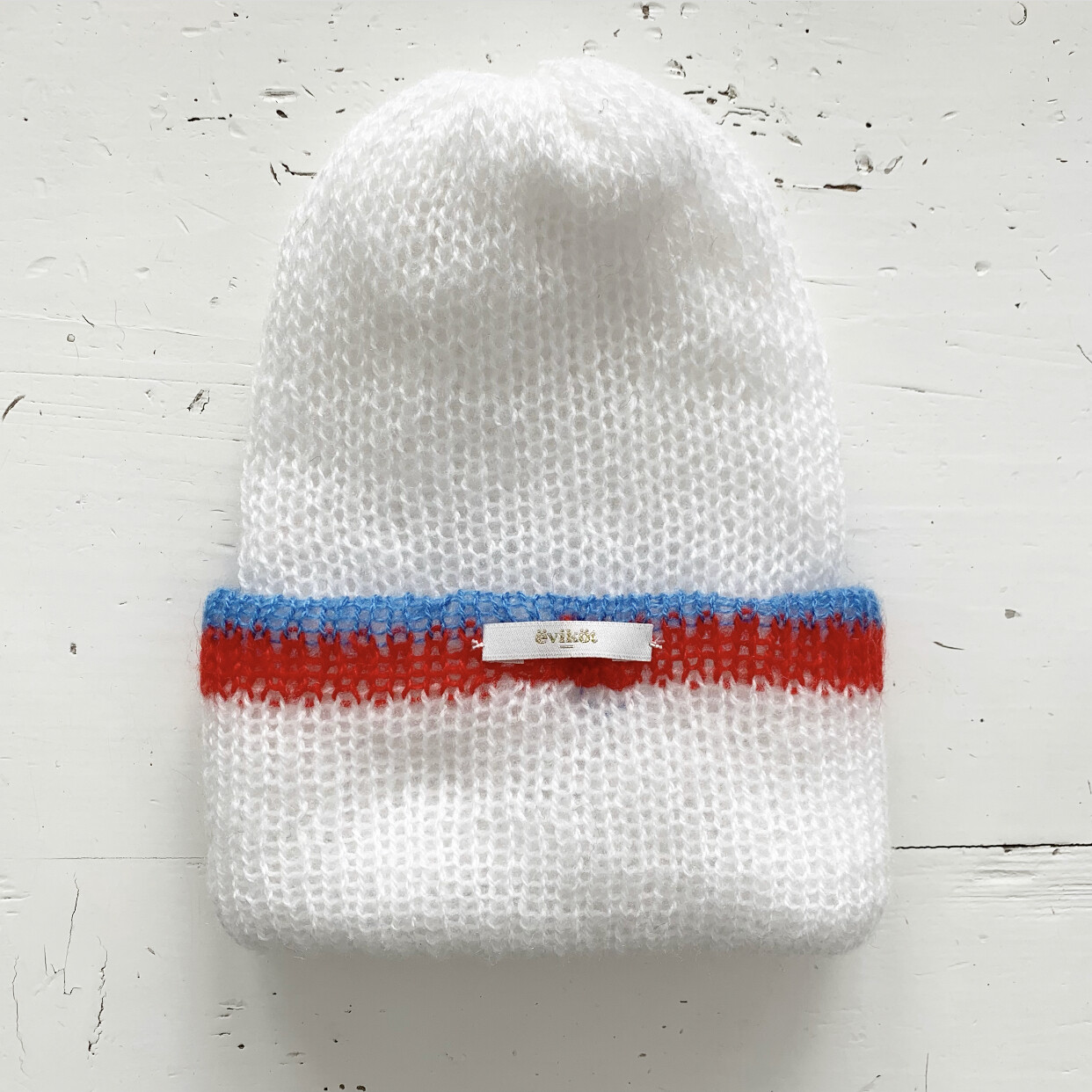 White, Red and Light Blue Mohair Hat