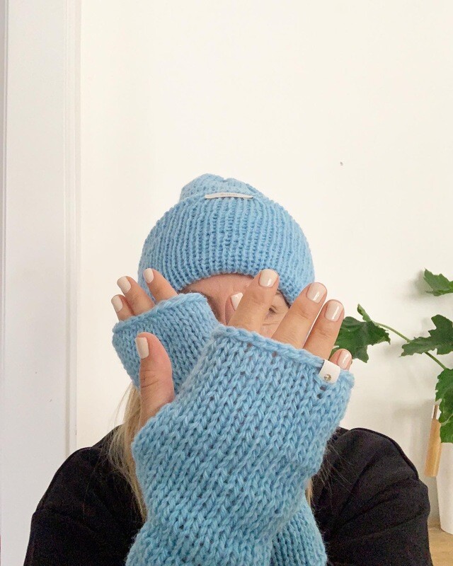 Light Blue Hat and Hand Warmers