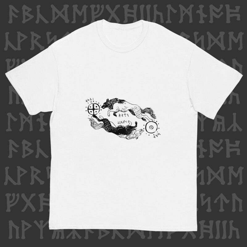 T-shirt en coton Hati et Sköll glyphes (Blanc) - Collection Nordique