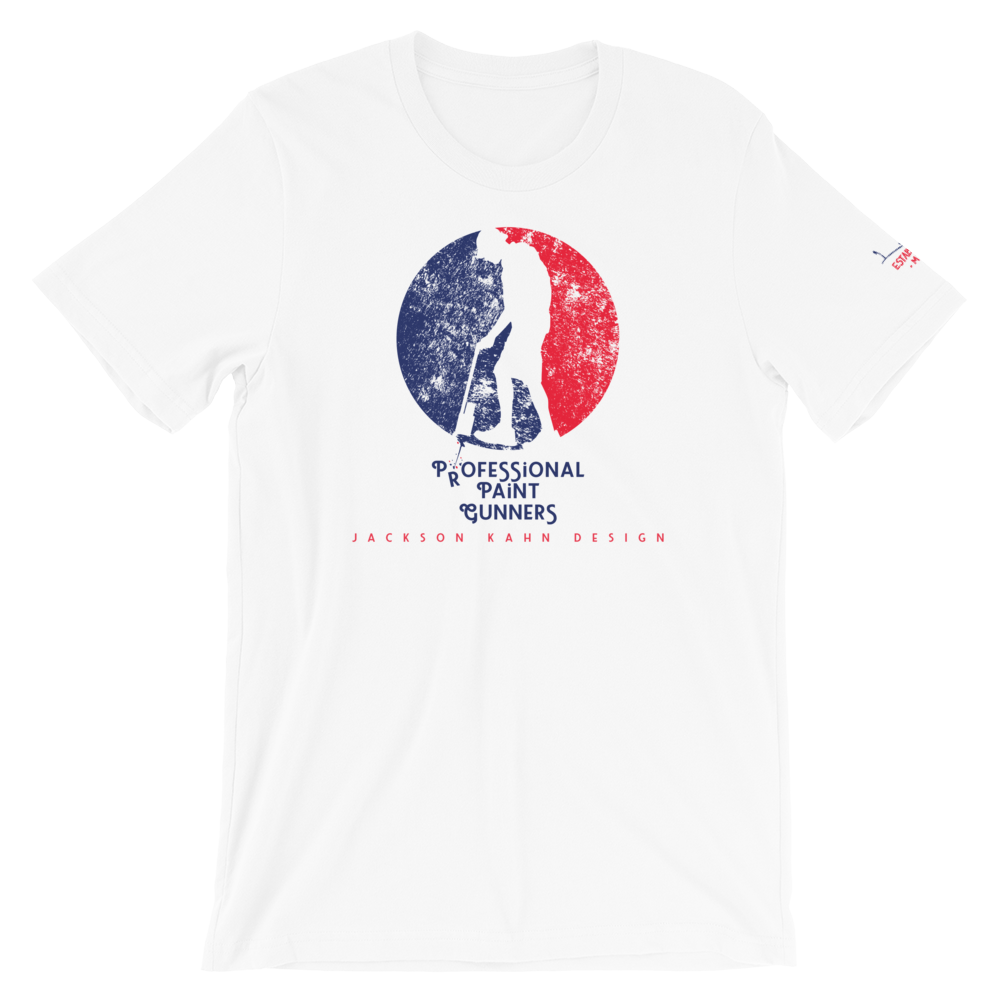 Professional Paint Gunners Grunge - Unisex T-Shirt (Blue/Red on White), Size: S