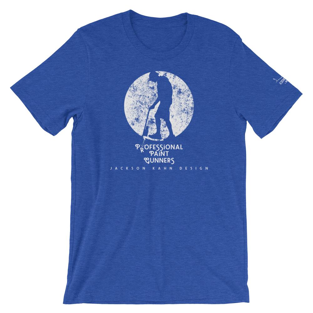 Professional Paint Gunners Grunge - Unisex T-Shirt (White on Heather Blue), Size: S