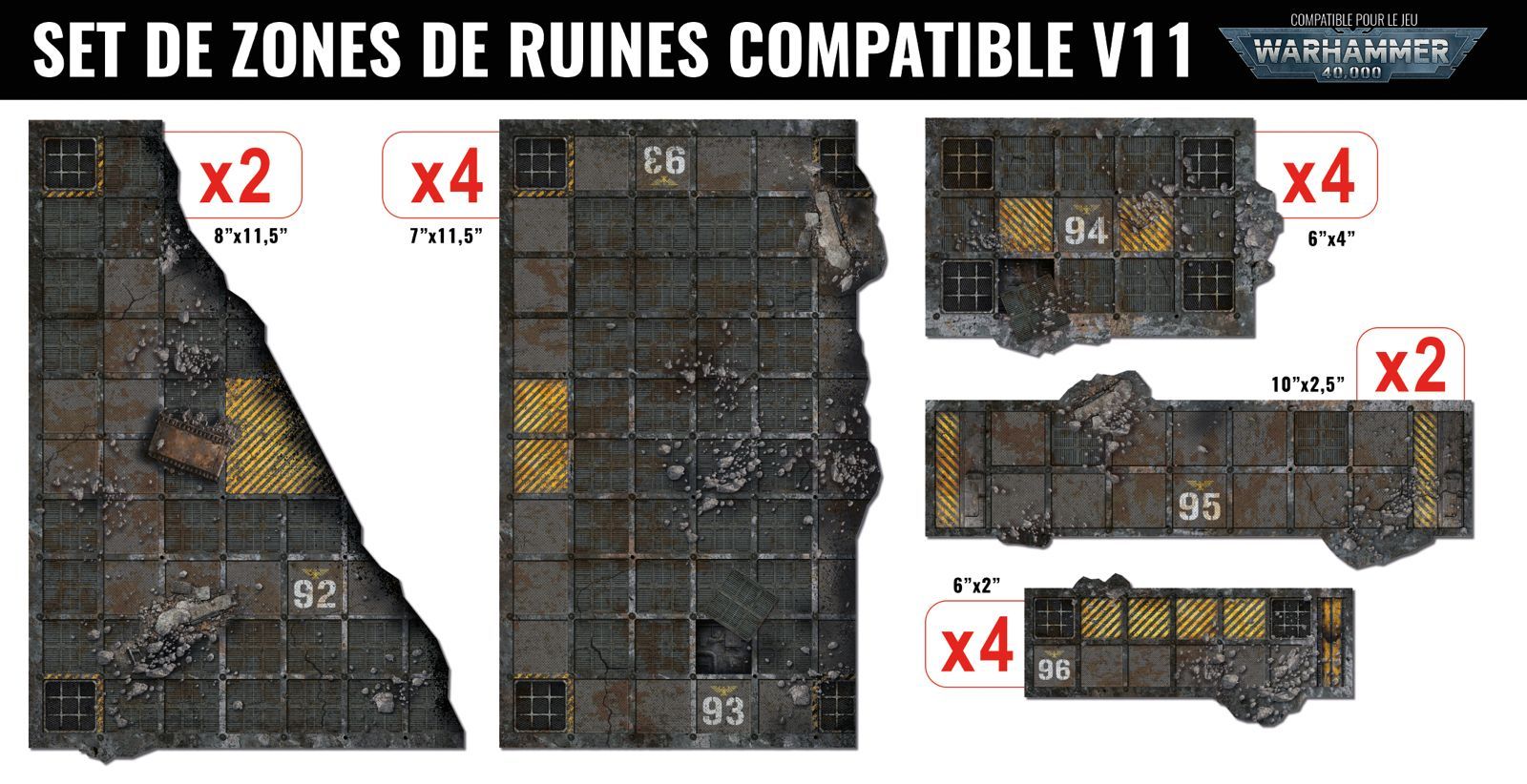Set de 16 zones de ruines (foot print) – Compatible 40K® V11 – Générique
