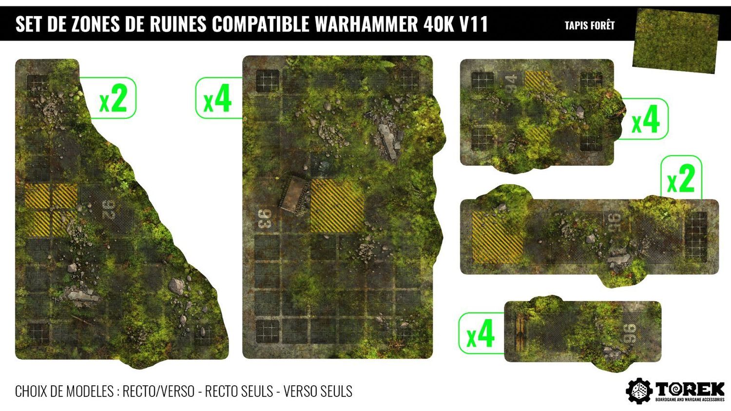 Set de 16 zones de ruines (foot print) – Compatible 40K® V11 – "Forêt"