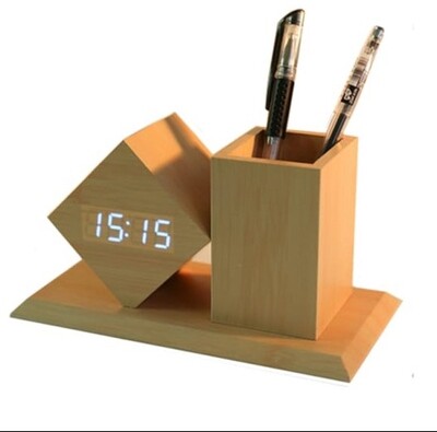 Wooden desk top_Pen stand with digital clock