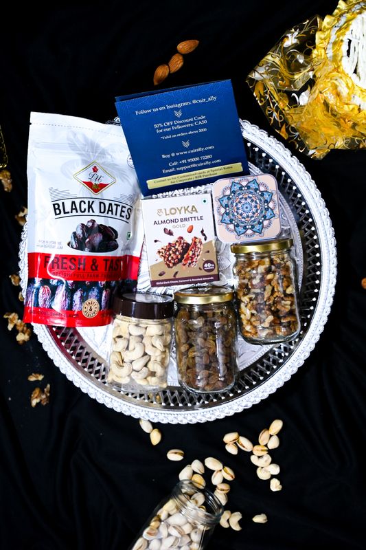 Starter Diwali Hamper with Dry Fruits, Chocolate &amp; Silver Plate