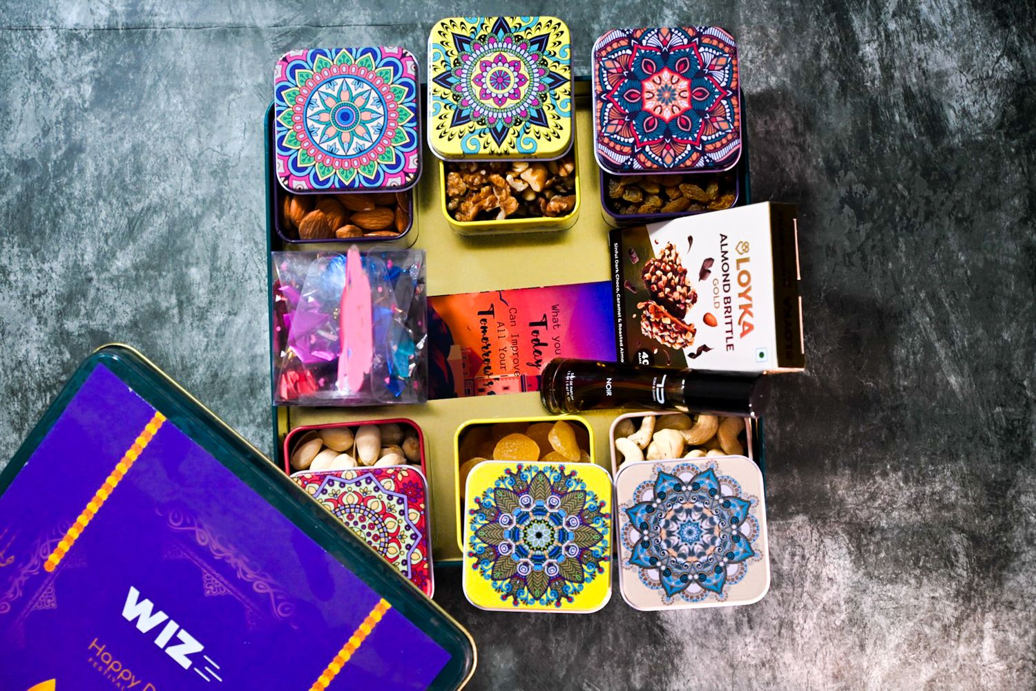 Elite Diwali Gift Box with Dry Fruits, Chocolates, Almond Brittle &amp; Perfume