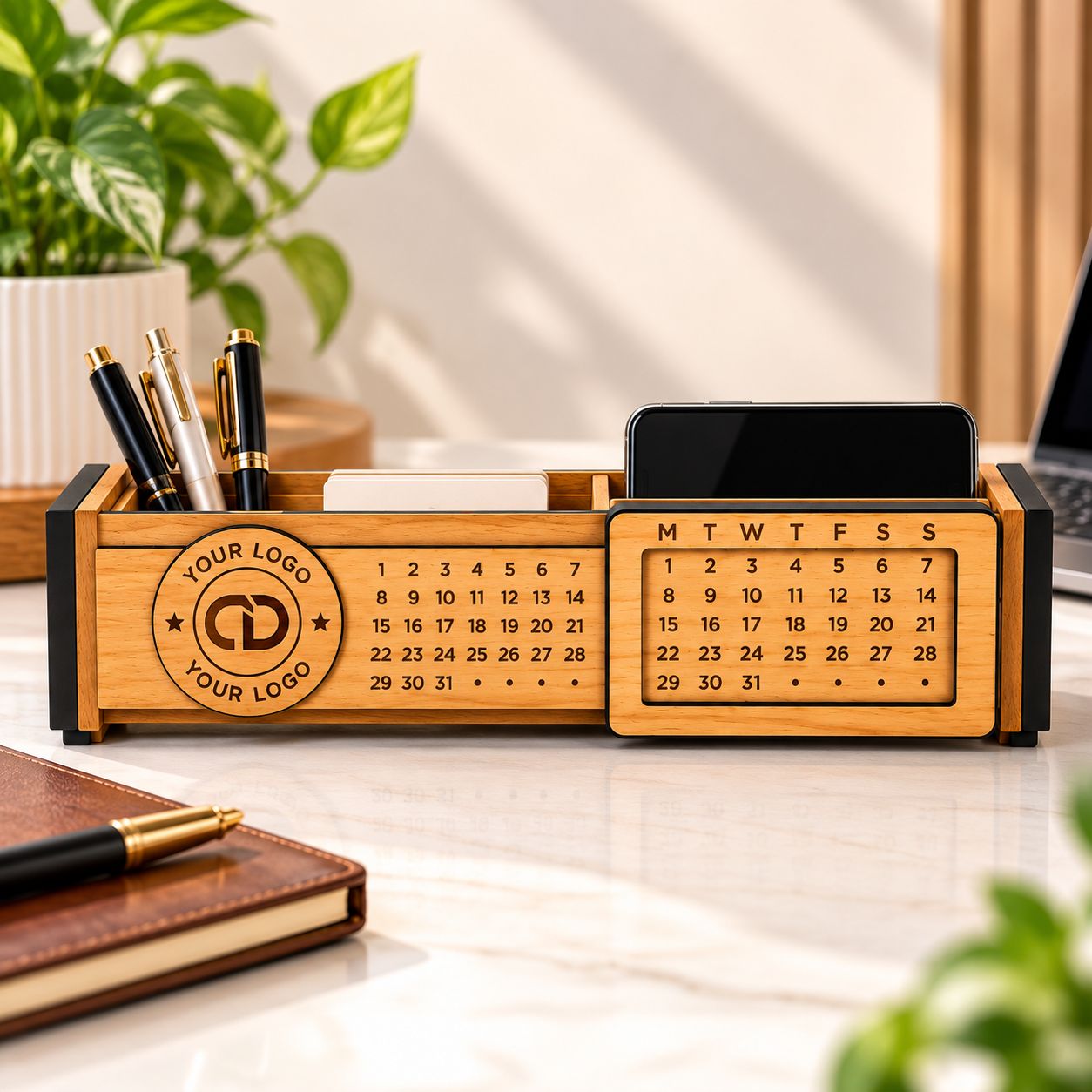 Premium Wooden Desk Calendar with Pen Holder and Mobile Stand