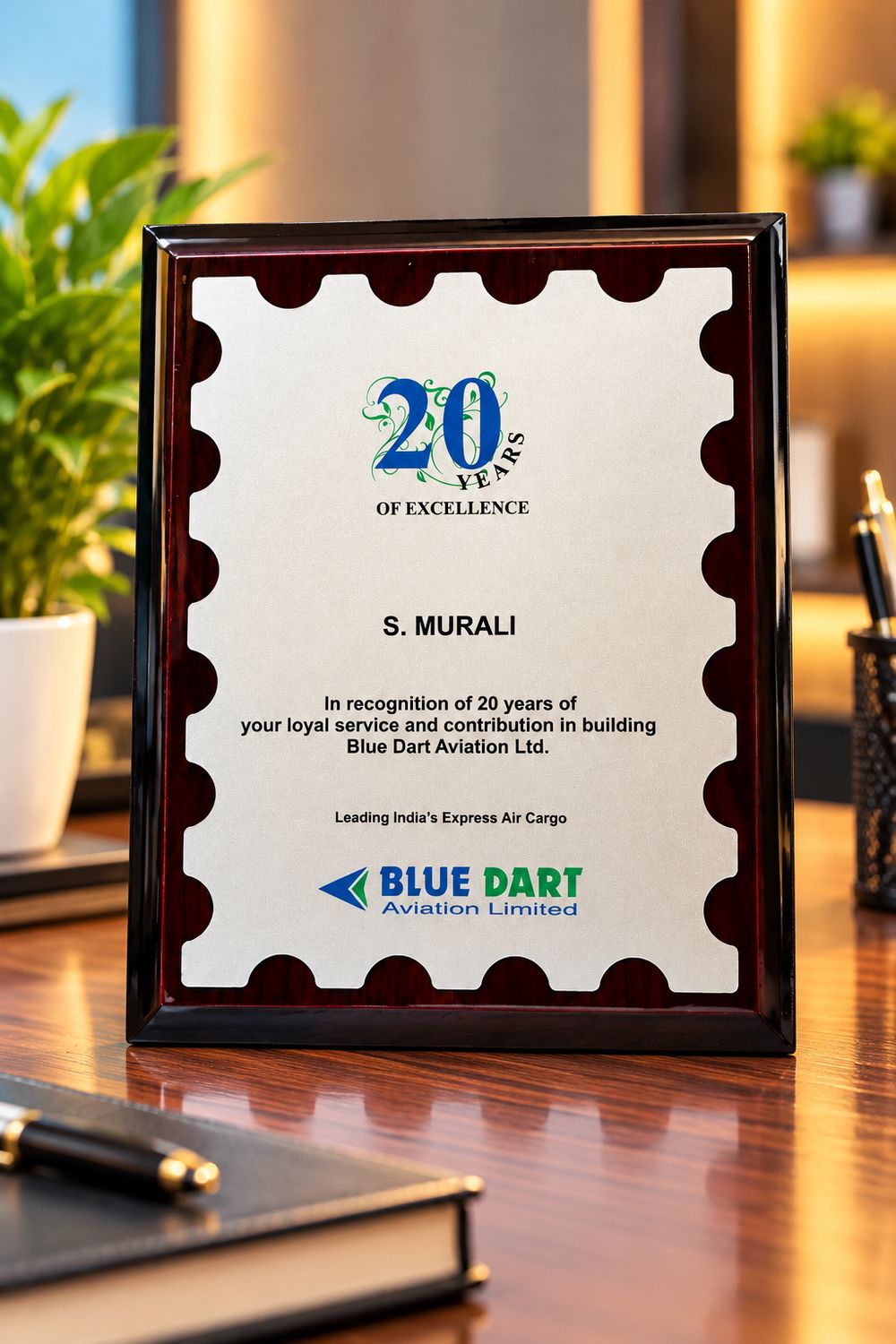 20 Years of Excellence Wooden Award Plaque