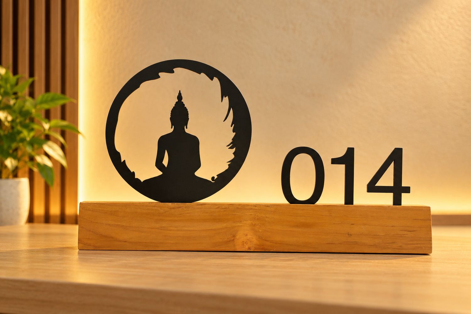 Customized black Buddha silhouette tabletop sign with 014 numbers and wooden base.
