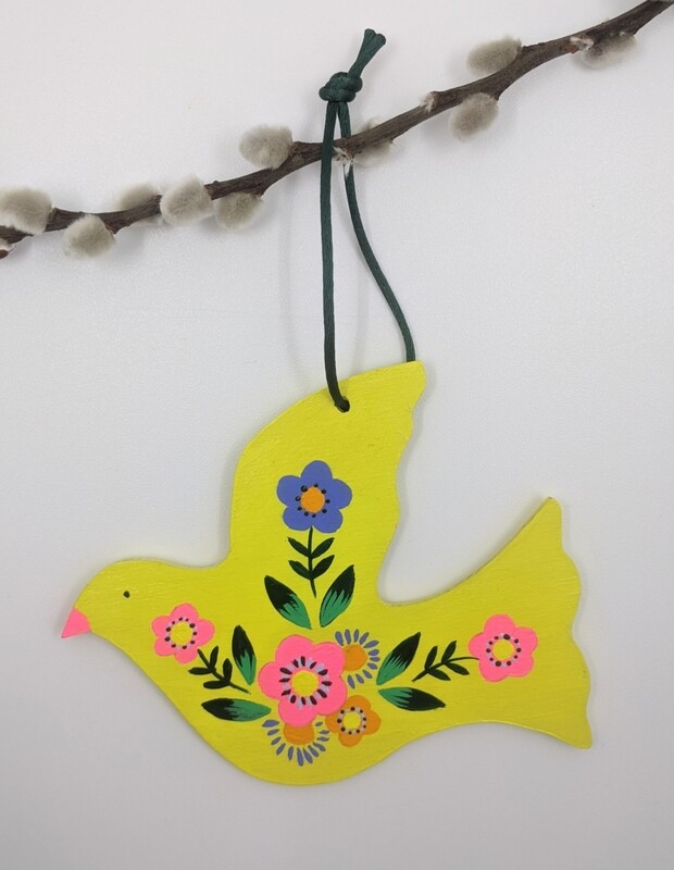 Hand painted wooden large bird yellow