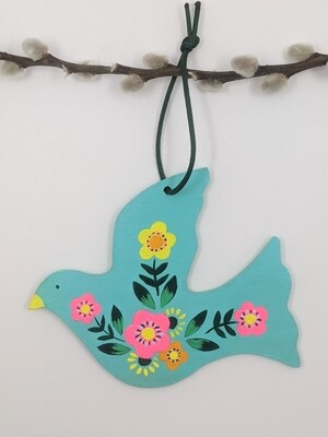 Hand painted wooden large bird turquoise