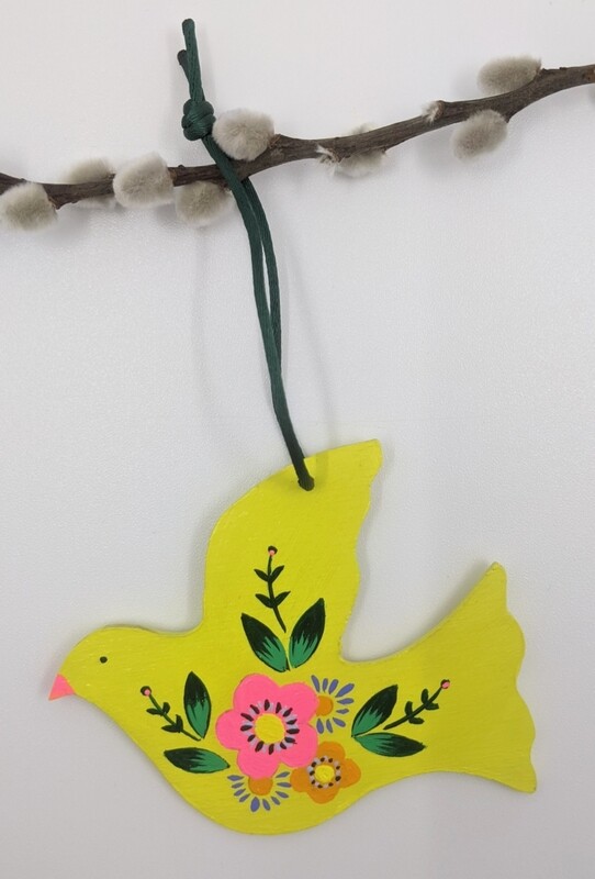 Hand painted wooden bird yellow
