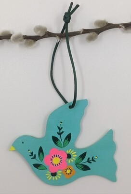 Hand painted wooden bird turquoise