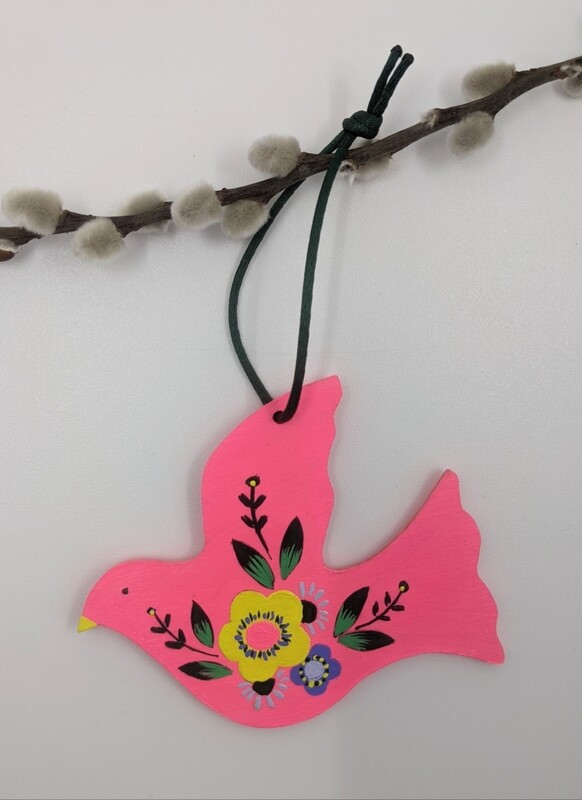 Hand painted wooden bird neon pink