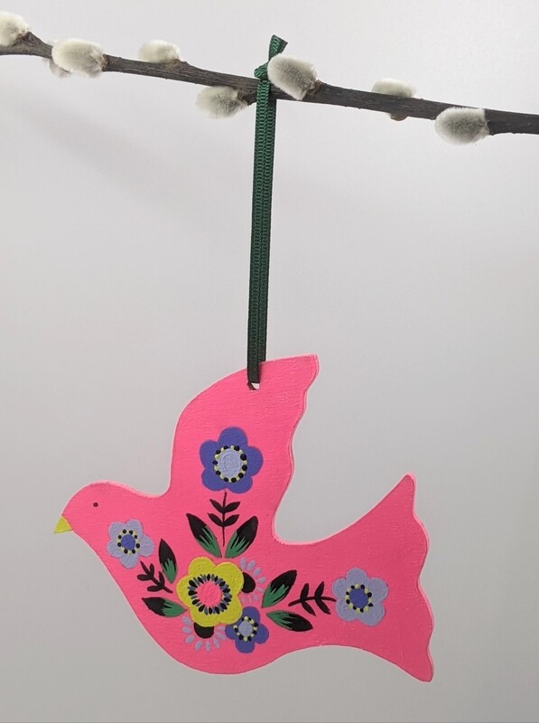 Hand painted wooden large bird neon pink