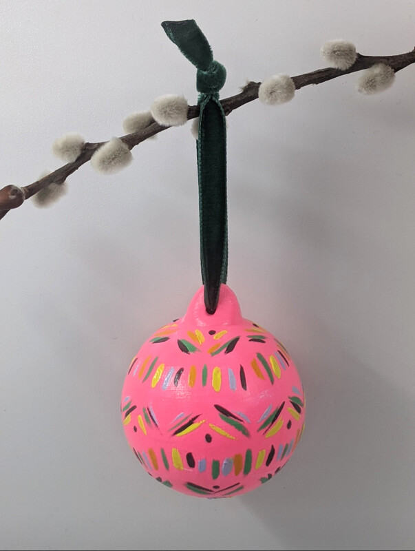 Ceramic hand painted bauble neon pink geo design