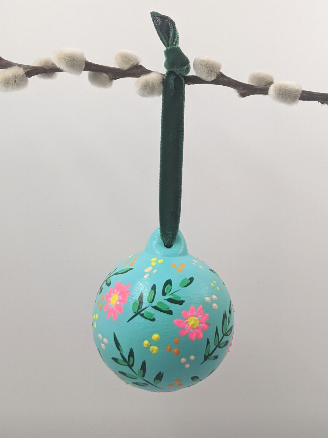 Ceramic hand painted bauble turquoise floral design